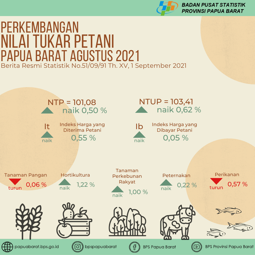 Nilai Tukar Petani Papua Barat Agustus 2021 sebesar 101,08. Inflasi perdesaan Papua Barat Agustus 2021 sebesar 0,07 persen.