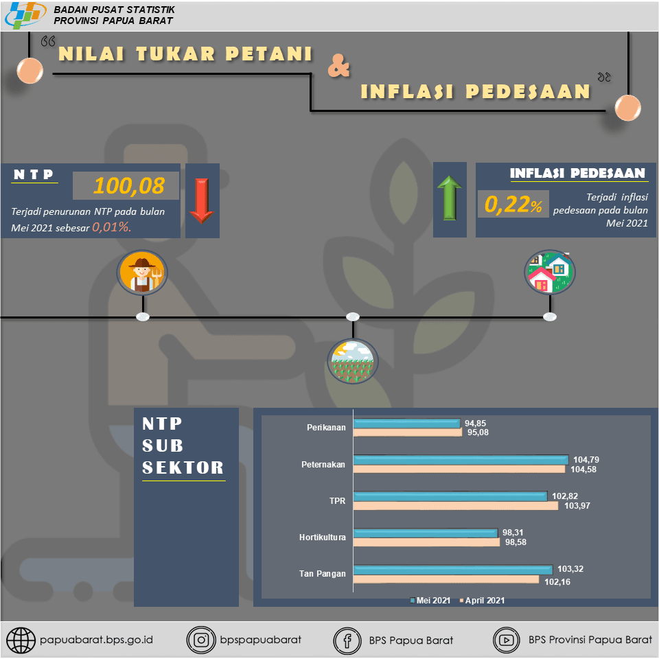 NTP Papua Barat Mei 2021 sebesar 100,08 persen. Inflasi perdesaan Papua Barat Mei 2021 sebesar 0,22 persen.