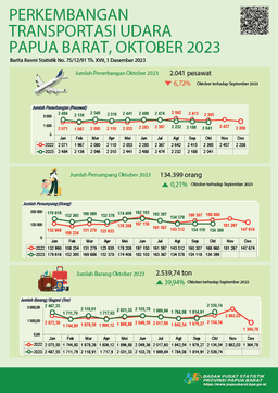 Pada Oktober 2023 Jumlah Penerbangan Mengalami Penurunan Sebesar  6,72 Persen. Sedangkan Jumlah Penumpang Dan Barang/Bagasi Mengalami  Peningkatan Masing-Masing Sebesar 0,21 Persen Dan 39,94 Persen.