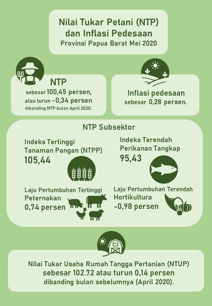 NTP Papua Barat Mei 2020 sebesar 100,45 persen. Inflasi pedesaan Papua Barat Mei 2020 sebesar 0,28 persen.